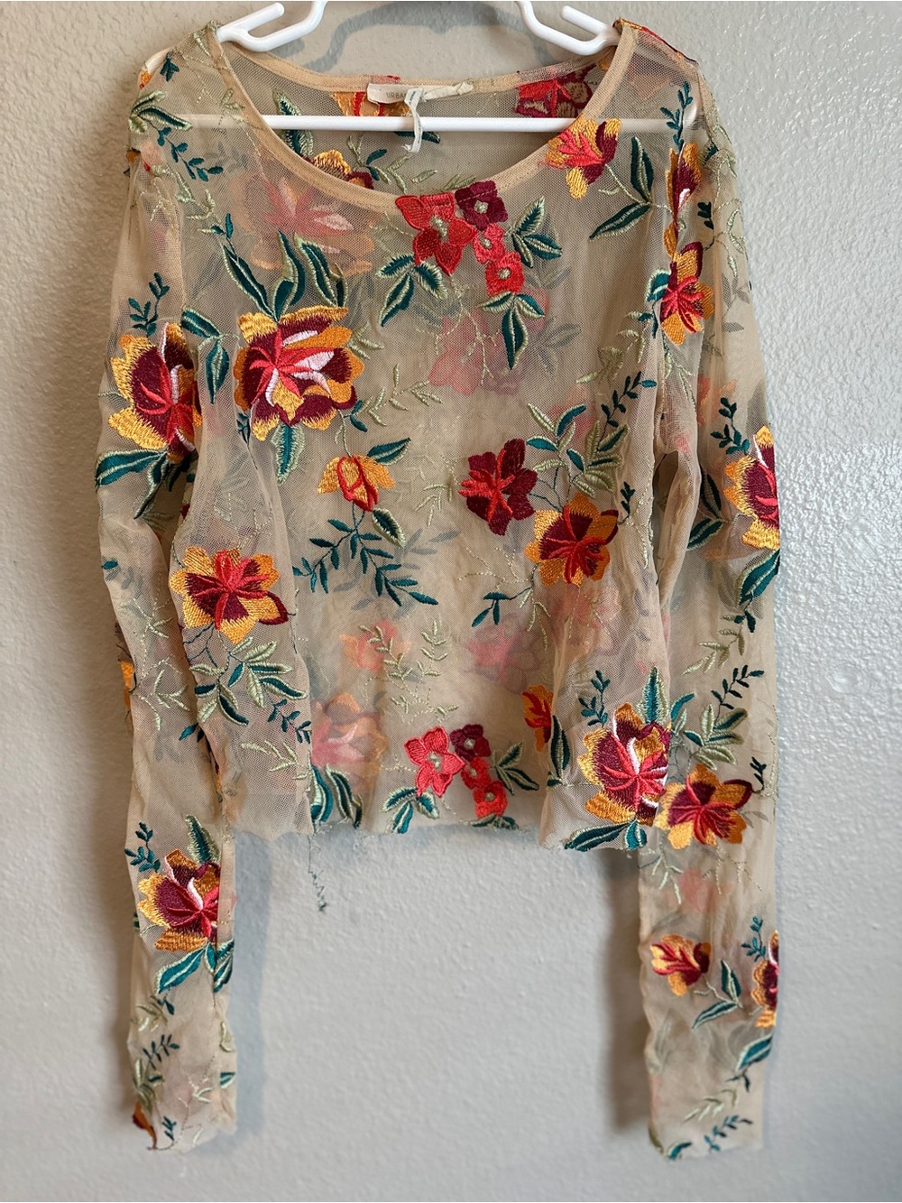 Urban Outfitters long sleeve stretch nylon floral embroidery shirt, small adult